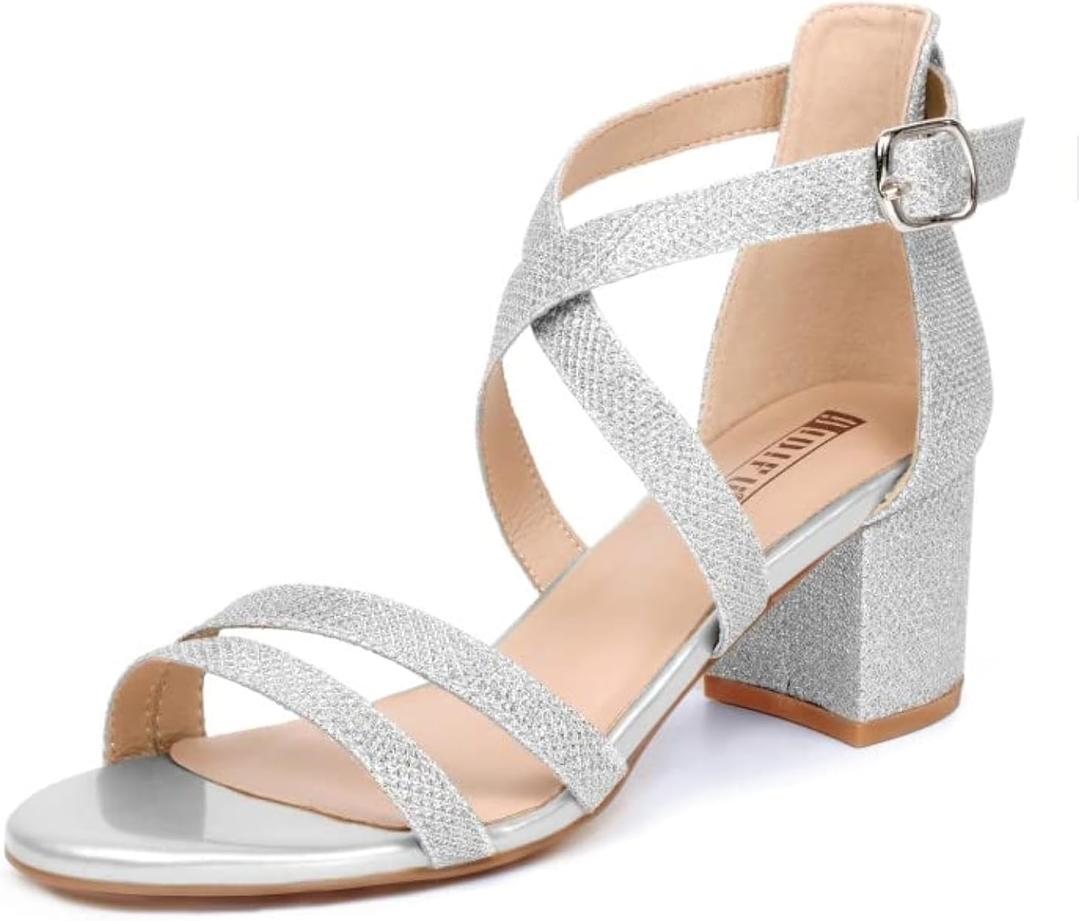 IDIFU Women's Block Low Chunky Heel Strappy Sandals Open Toe Ankle Strap Dress Wedding Evening Shoe for Women Bridal (7.5)