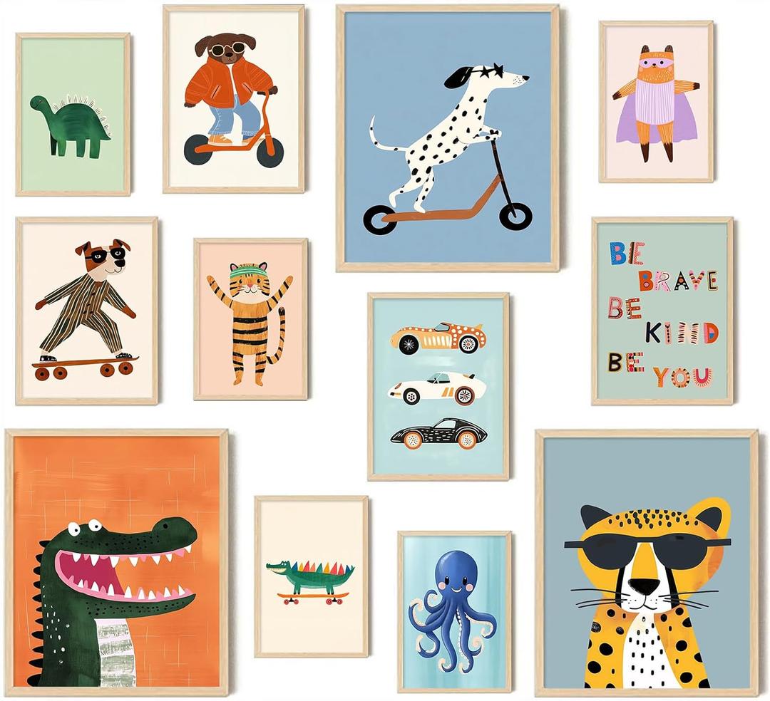 Aroutde 12Pcs Baby Nursery Room Decor, Cartoon Animal Playroom Canvas Wall Art Kids Transport Inspirational Quotes Posters Colorful Printing for Boys and Girls Room DecorUnframed
