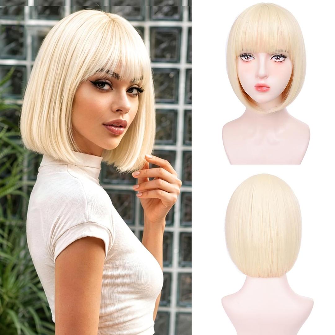 Blonde Bob Wigs for White Women - 12'' Short Bob Wigs With Bangs Natural Fashion Synthetic Wig Colorful Synthetic Hair for Daily Cosplay Halloween