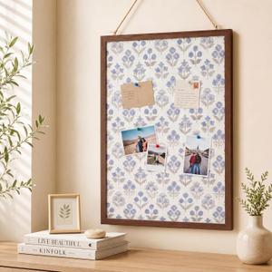 Leinuosen 17" x 23" Linen Cork Board for Walls Decorative Blue Floral Cork Boards Wood Framed Bulletin Boards, Picture Display Vision Pin Corkboards for Farmhouse Home Room Office Cottagecore Decor