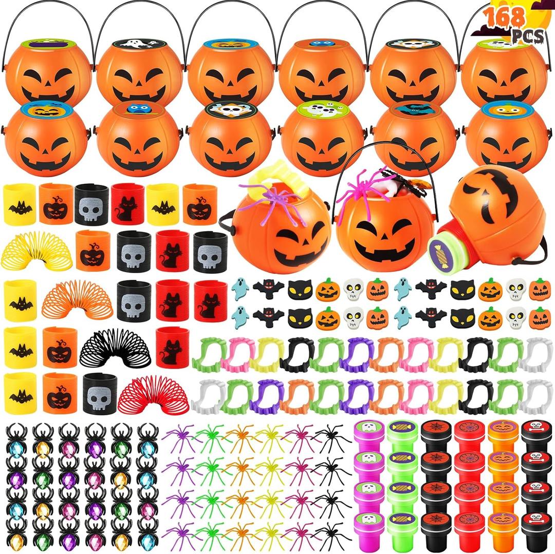 168PCS Halloween Party Favor for Kids, 24Pack Prefilled Halloween Pumpkins with Toys, Spider, Vampire Teeth, Spider Ring, Springs, Erases and Stamps for Trick or Treat, Halloween Goodies Bag Stuffers