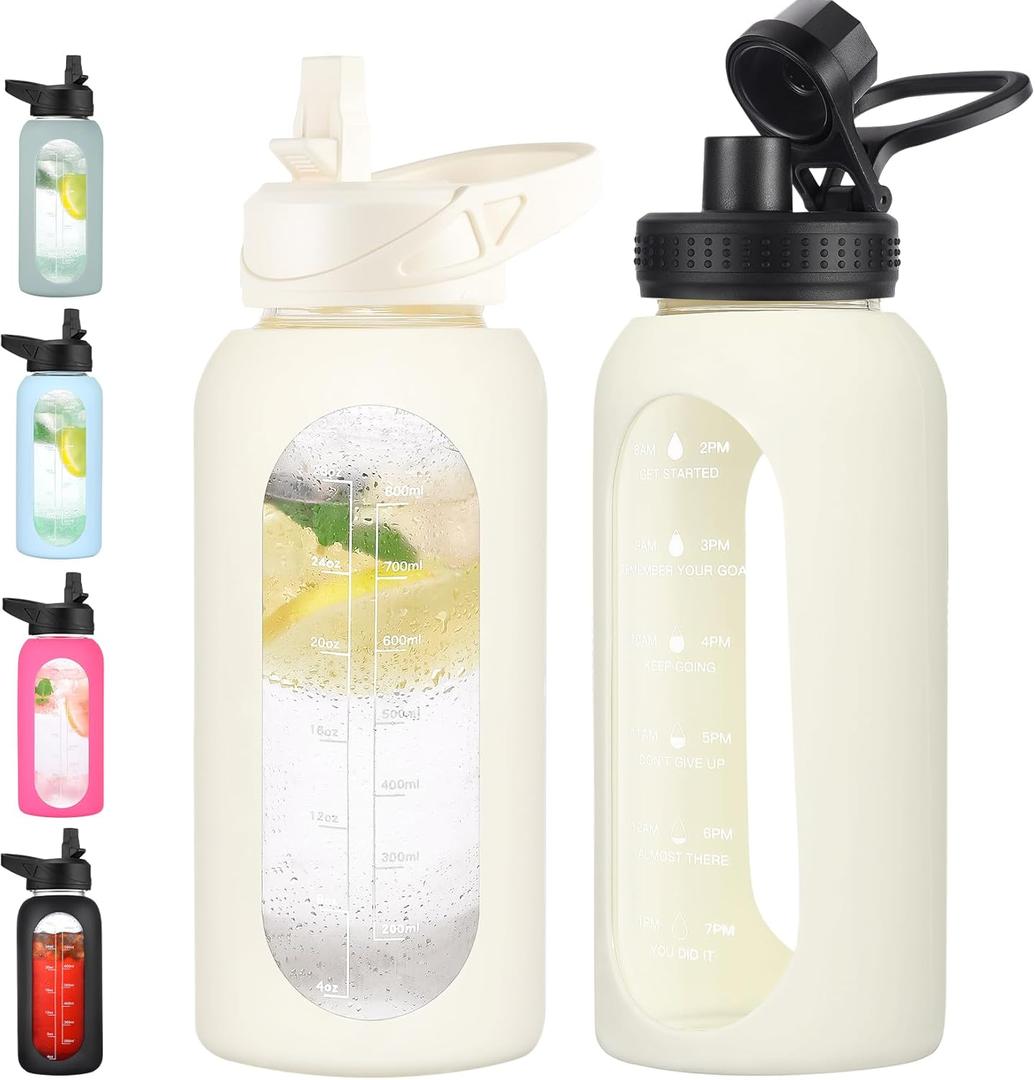 32 oz Glass Water Bottle with Straw and Handle, Sports Motivational Water Flask with Silicone Sleeve, Large Leakproof Water Flask Cup with Time Marker for Travel, Gym, Cream