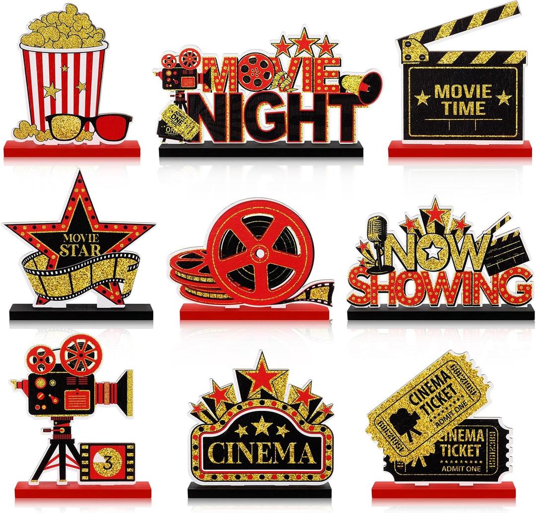 Blosssound 9 Pcs Movie Night Party Decorations Movie Theme Wooden Table Centerpieces Theater Now Showing Table Sign Cinema Popcorn Star Tabletop Decor for Home Film Birthday Party Supplies
