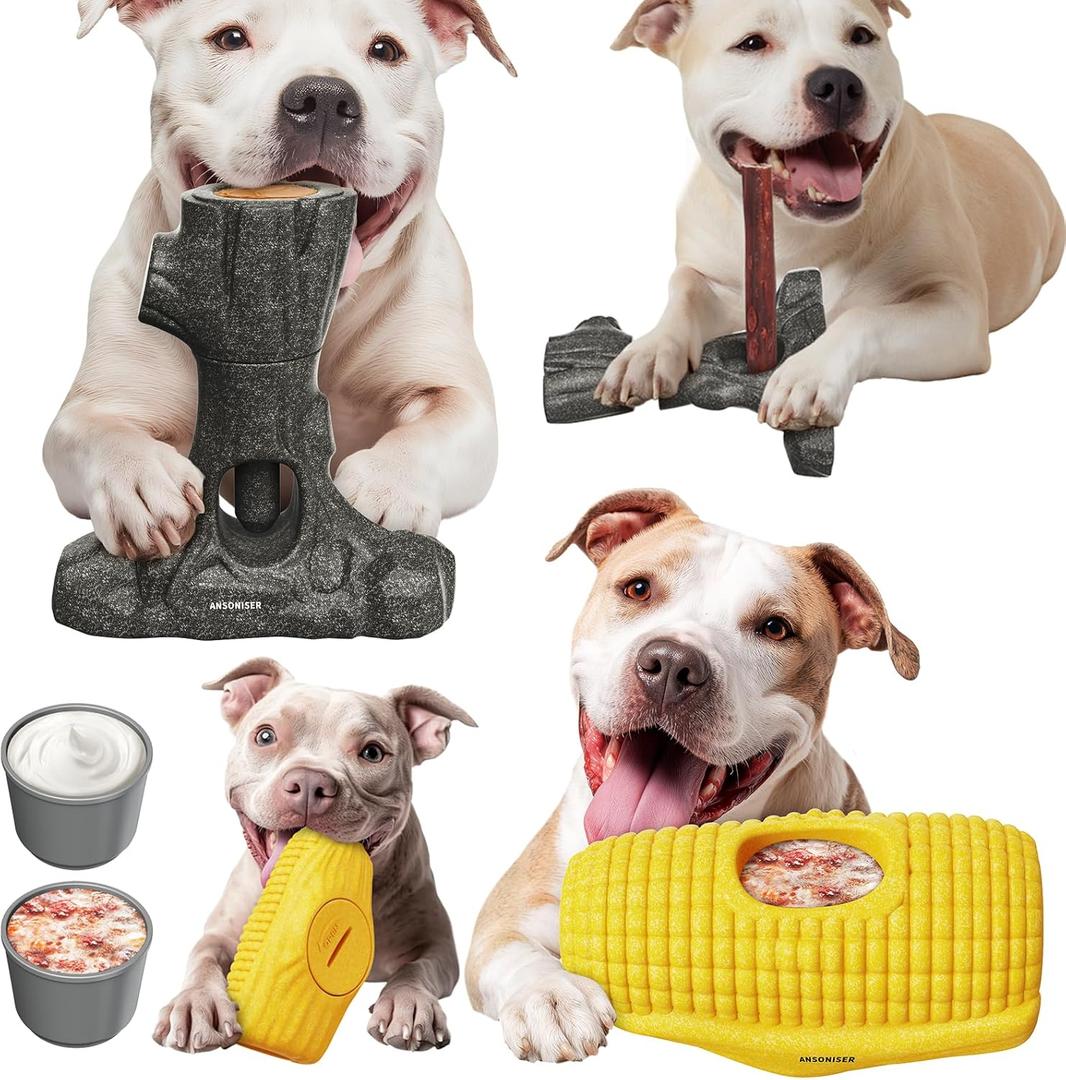 Ansoniser 2-in-1 Durable Dog Toy BundleBully Stick Holder & Frozen Treat Slow Feeder for Aggressive Chewers, Food-Safe Interactive Toys to Relieve Boredom, Best Gift for Small to Large Dogs (Corn+Branches)