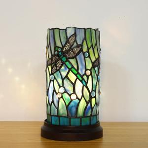 Tiffany Style Table Lamp for Bedroom Baroque Stained Glass Nightstand Bedside Night Lamp Party Light Hand-Made Art Home Deco Christmas Gifts W/ 2 LED Bulbs (3 Color Temperatures+Flame Bulb) (Dragonfly)