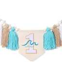 Big One Surf High Chair Banner - Wave 1st Birthday Decoration for Boys, Tassel Garland
