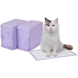 Amazon Basics Cat Pee Pads, Odor Control, Super Absorbent, Disposable, Universal Fit for Litter Box, Unscented, Multi Cat, White/Purple, 60 Count