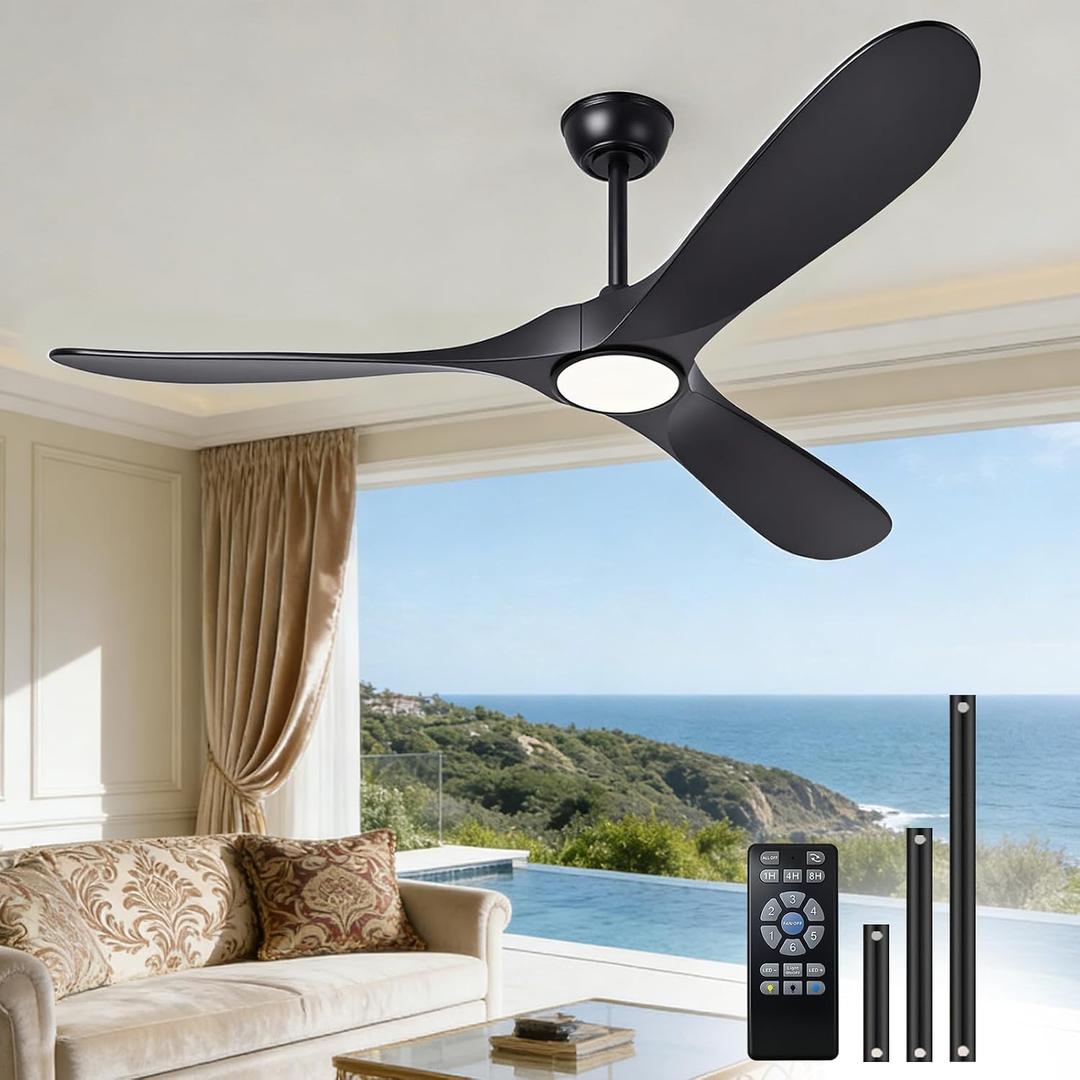 Mosanfan 72 Inch Ceiling Fans with Lights and Remote, Wood Outdoor Ceiling Fan with 6 Speed Noiseless DC Motor, Indoor Modern 3 Blade Propeller Ceiling Fan for Bedroom Living Room Gazebo Patio (Black)