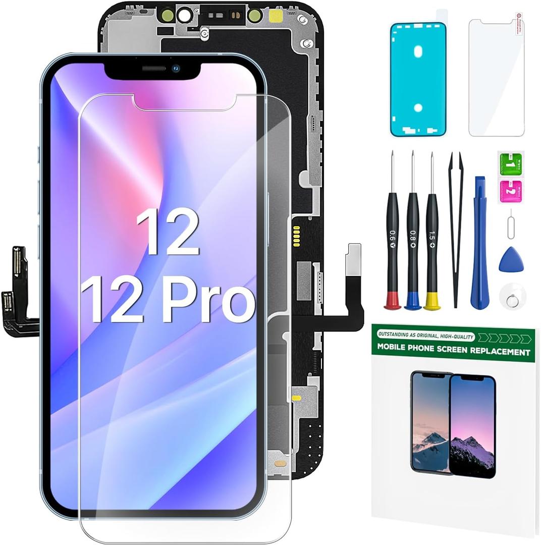 for iPhone 12 and 12 Pro Screen Replacement Kit 6.1'' LCD Display 3D Touch Full HD Digitizer Full Assembly Repair Kits Waterproof Frame Sticker+Screen Protector
