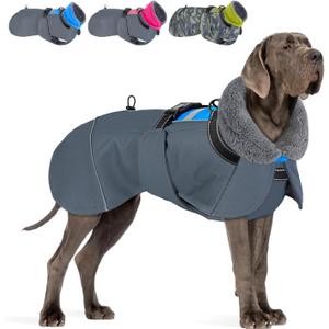 SlowTon Dog Winter Coat, Windproof 3 Layers Thick Warm Fleece Lining Dog Jacket for Cold Weather, Reflective Dogs Apparel with Leash Opening for Medium Large Dogs(Blue,L)