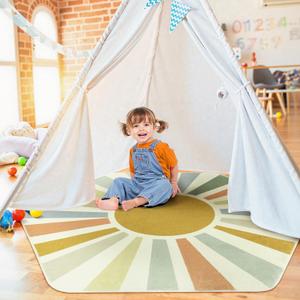 STARUIA Boho Washable Rug for Kids Play Room, 4'x 4'7" Hexagon Tent Colorful Sun Nursery Corner Rugs for Girls Boys, Ultra Soft Non-Slip Sunshine Carpet Play Rug for Princess Room Decor Classroom (Monet)