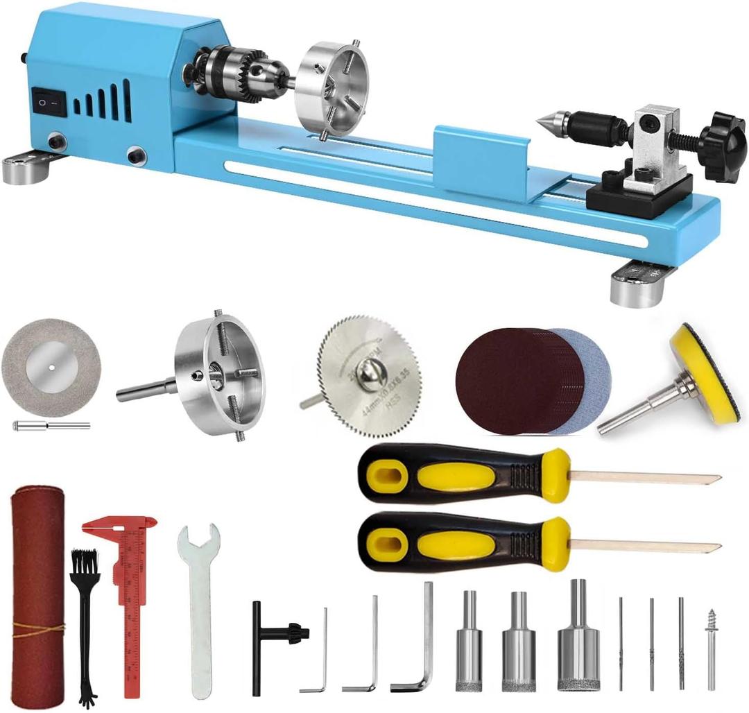 Wood Lathe Mini Lathe Machine Multi-Purpose Type Lathe Milling Cutting Grinding Polishing Professional Table Top Lathe Tool Kit