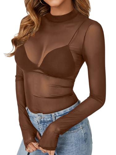 KIFOVEN Women’s Sheer Mesh Top Long Sleeve Mock Neck See Through Sexy Bodycon T Shirt Blouse Clubwear Caramel Medium