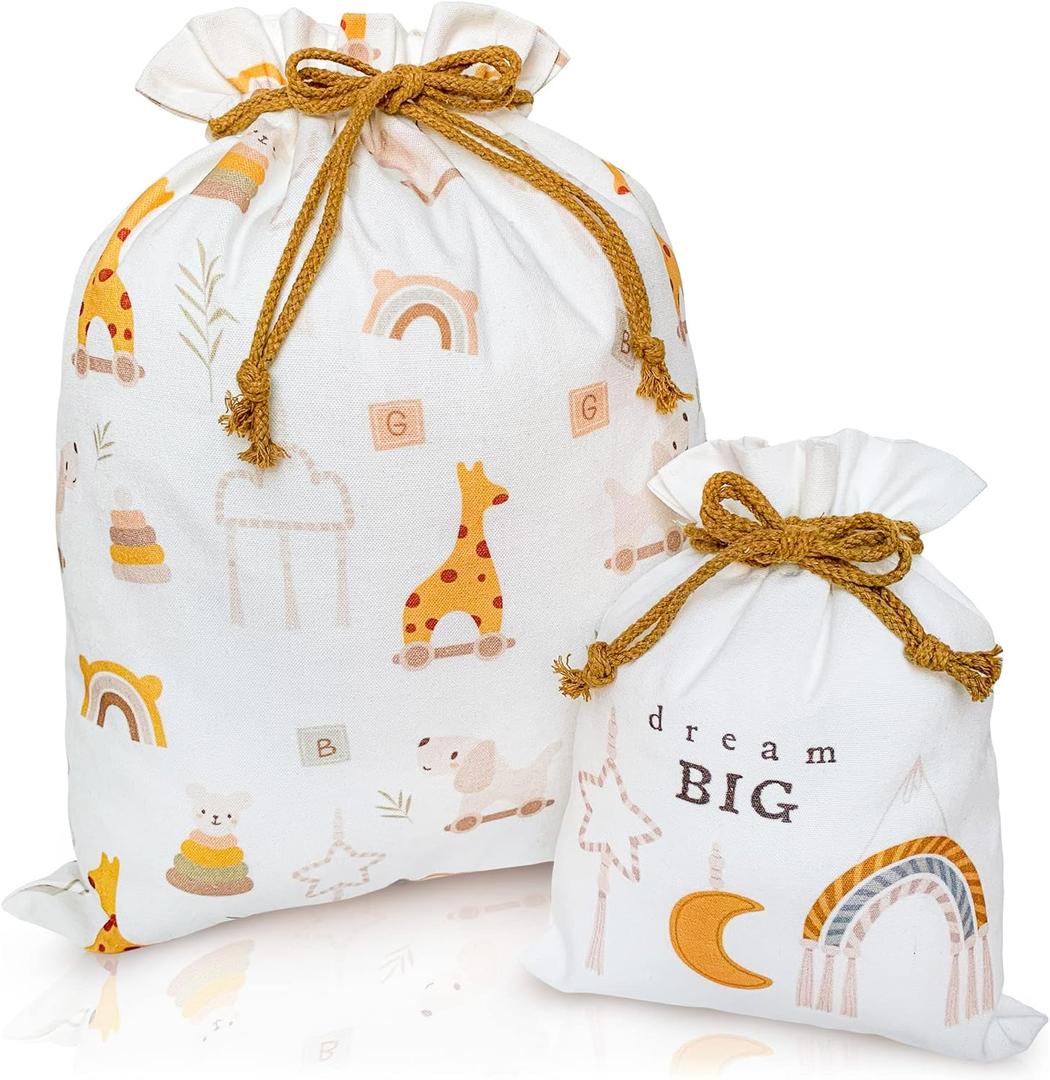 Gather & Knot Drawstring Gift Bags | 20" Large 12" Small | Premium Canvas | Reusable Fabric Wrap for Baby Shower, Neutral Gender Reveal, Kid Birthday | Boho Toy (Lrg 2pc Set)