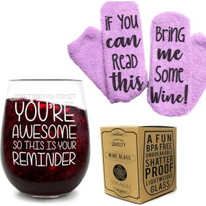 FUNNY WINE GLASSES + WINE SOCKS -16 oz Unbreakable Stemless Wine Glass With Sayings & Fuzzy Girl Socks If You Can Read This, Bring Me Some Wine"
