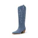 DREAM PAIRS Cowgirl Boots Women Knee High Cowboy Boots Pointed Toe Chunky Block Heel Suede Tall Western Boots with Embroidered,Size 11,Blue