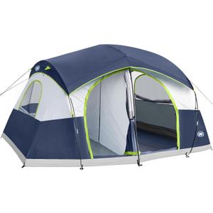 UNP Camping Tent 8/9 Person, Family Camping Tent, 5 Large Ventilation Mesh Windows, 14'x14'x78 inches Tall with Dividers Curtain for 2 Room (Dark Blue)