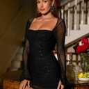 URYIAO Women's Sheer Long Sleeve Bodycon Mini Dress Sexy Corset Ruched Mesh Party Going Out Dresses Solid Black, Medium