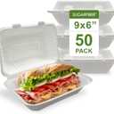 [50 COUNT]Harvest Pack 9 X 6" White Compostable Clamshell Food Containers, To go food container, Heavy-Duty Hinged Container, Disposable Bagasse Eco-Friendly Natural Sugarcane Takeout to go Box