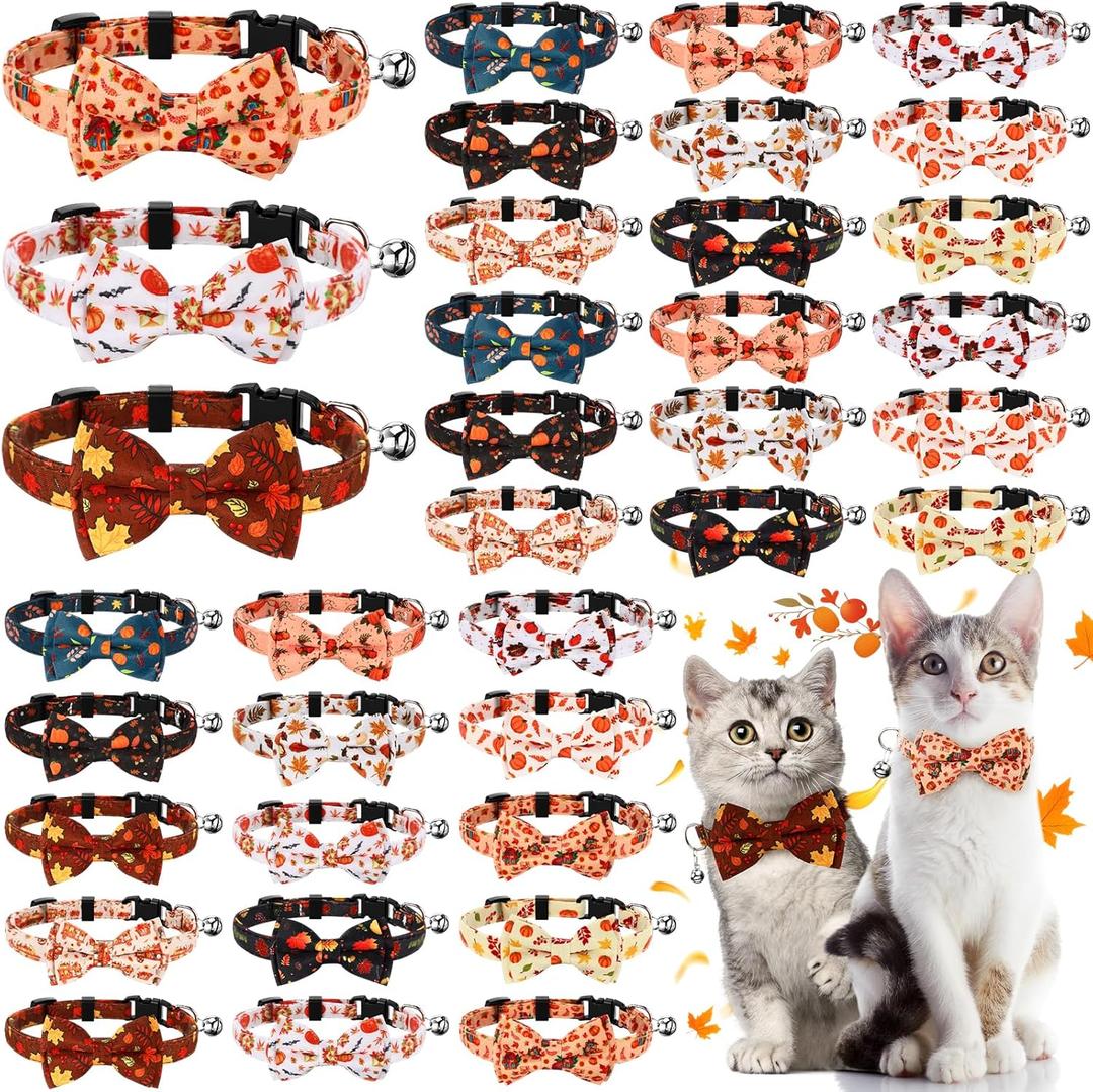 36 Pcs Fall Thanksgiving Cat Collars with Removable Bow Tie and Bell Adjustable Kitten Collars with Buckle Turkey Maple Leaves Pumpkins Breakaway Fall Pet Kitten Bowtie Bulk Decor for Cats