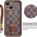 SOKAD for iPhone 13 Case, Cute Checkered Checkerboard Pattern Phone Case with Wrist Strap for Girls Women, Slim Soft Silicone Camera Protection Shockproof Case Cover, Brown