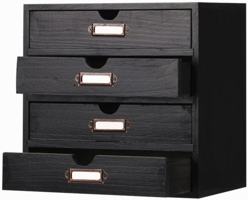 Wooden Storage Box Rustic Desktop Organizer with 4 Drawers Office Desk Accessories Shelf Small Craft Storage Containers Apothecary Cabinet and Chest Jewelry Holder for women(BLACK)