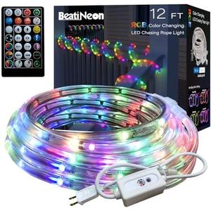 beatineon RGB Strip Lights with IR Remote Control, 12FT RGB LED Outdoor Rope Lights, Waterproof Neon LED Lights Hoilday Preset 500+ Colors for Bedroom Living Room Patio Christmas Decor (12ft)