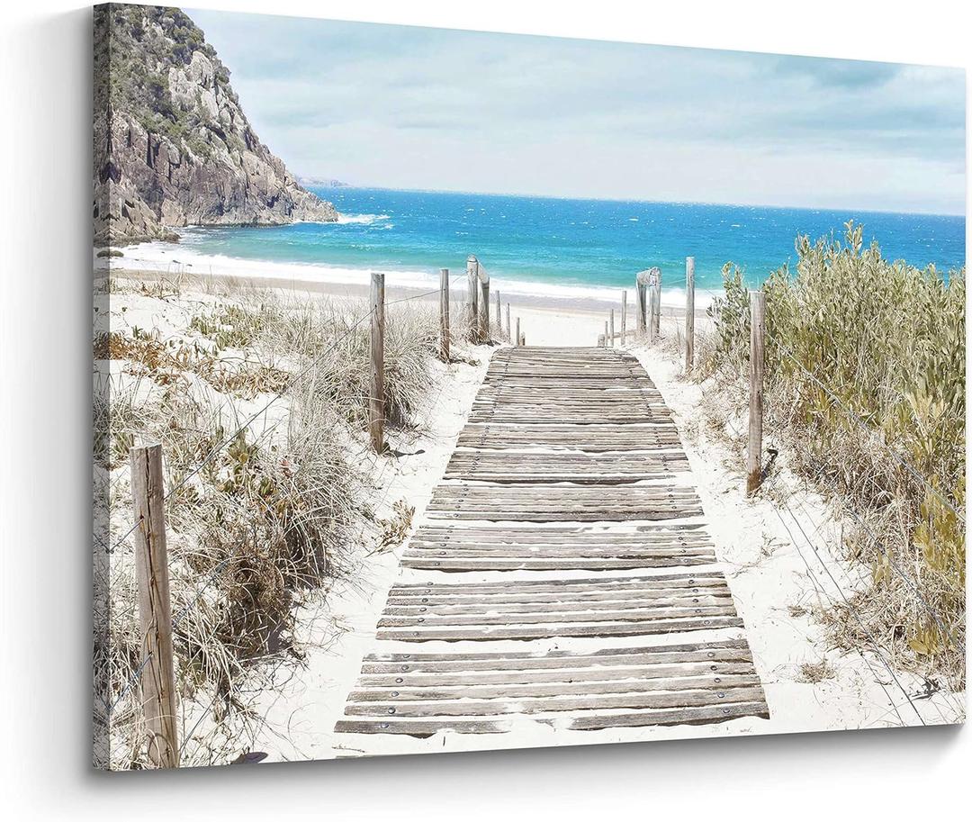 Bathroom Wall Art Beach Picture: Modern Ocean View Sea Canvas Artwork Decor Contemporary Coastal Scene Wave Seascape Painting Horizontal Scenic Nature Landscape Seaside Boardwalk Prints for Living (16"L x 11"W)