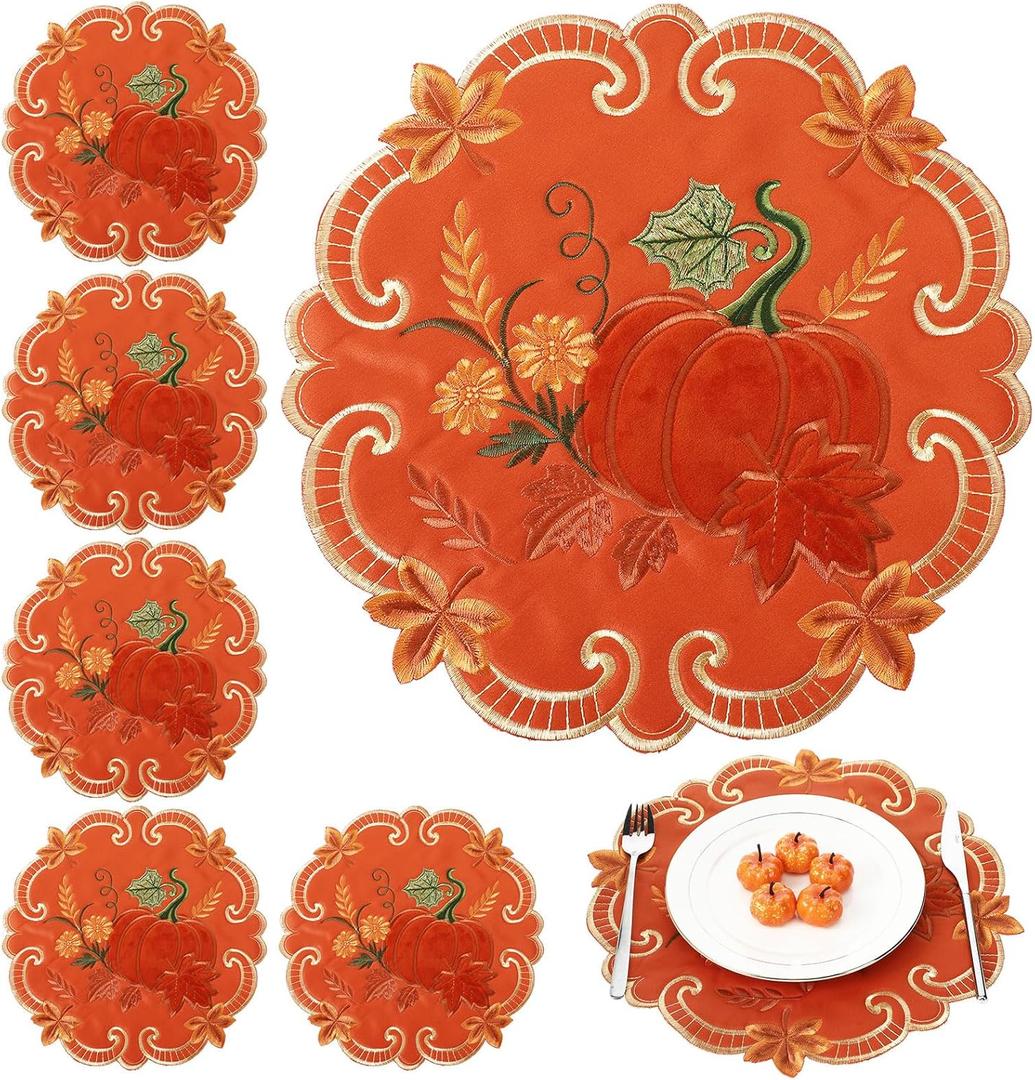 HunnmingRe Thanksgiving Placemats Set of 6 Thanksgiving Velvet Embroidered Pumpkin Placemats 14 Inch Fall Harvest Table Mats Set Home Kitchen Dining Table Holiday Party Decoration