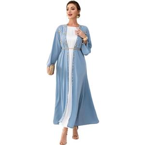 IDOPIP Muslim Abayas for Women Long Sleeve Open Front Cardigan Rhinestone Applique Islamic Dubai Maxi Kaftan Dress with Belt (Medium, Blue)