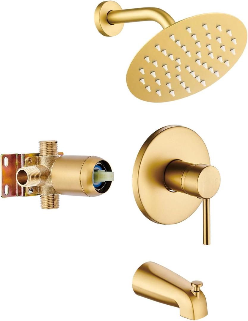 Brushed Gold Tub Shower Faucet Set Complete with 6-Inch Rainfall Shower Head and Tub Spout Included Shower Valve Tub Shower Trim Kit Round