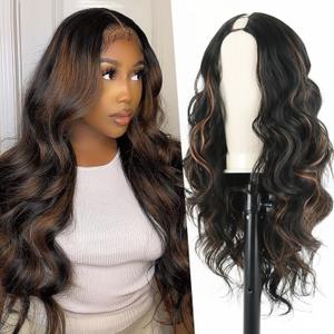 Long V Part Body Wavy Wig With Black With Highlight Brown Upgrade U Part Synthetic Water Wavy Wigs for Black Women Full Head Clip In Hair Glueless Synthetic Wigs (Black Mix Brown)
