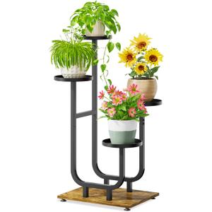 iDavosic.ly 4 Tier Plant Stand Indoor, Corner Tiered Multiple Flower Holder Shelf with Metal Trays, Orchid Display Wooden Rack for Patio Porch Living Room Balcony Outdoor, Modern Black & Rustic Brown