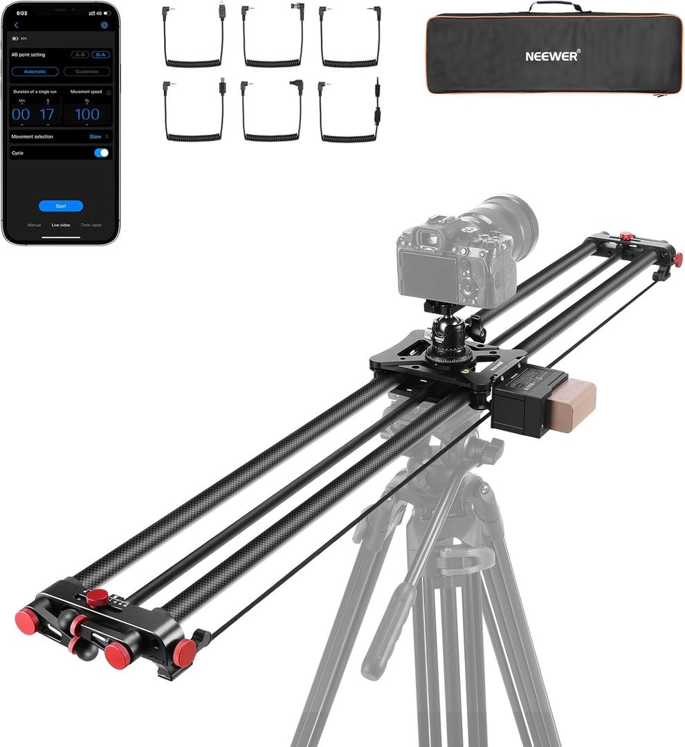 NEEWER 47.2"/120cm Motorized Camera Slider, DSLR Carbon Fiber Dolly Rail Slider with App Control, 4400mAh F750 Battery for Time Lapse Photography, Supports Video Mode, NOT Include Charger, ER1