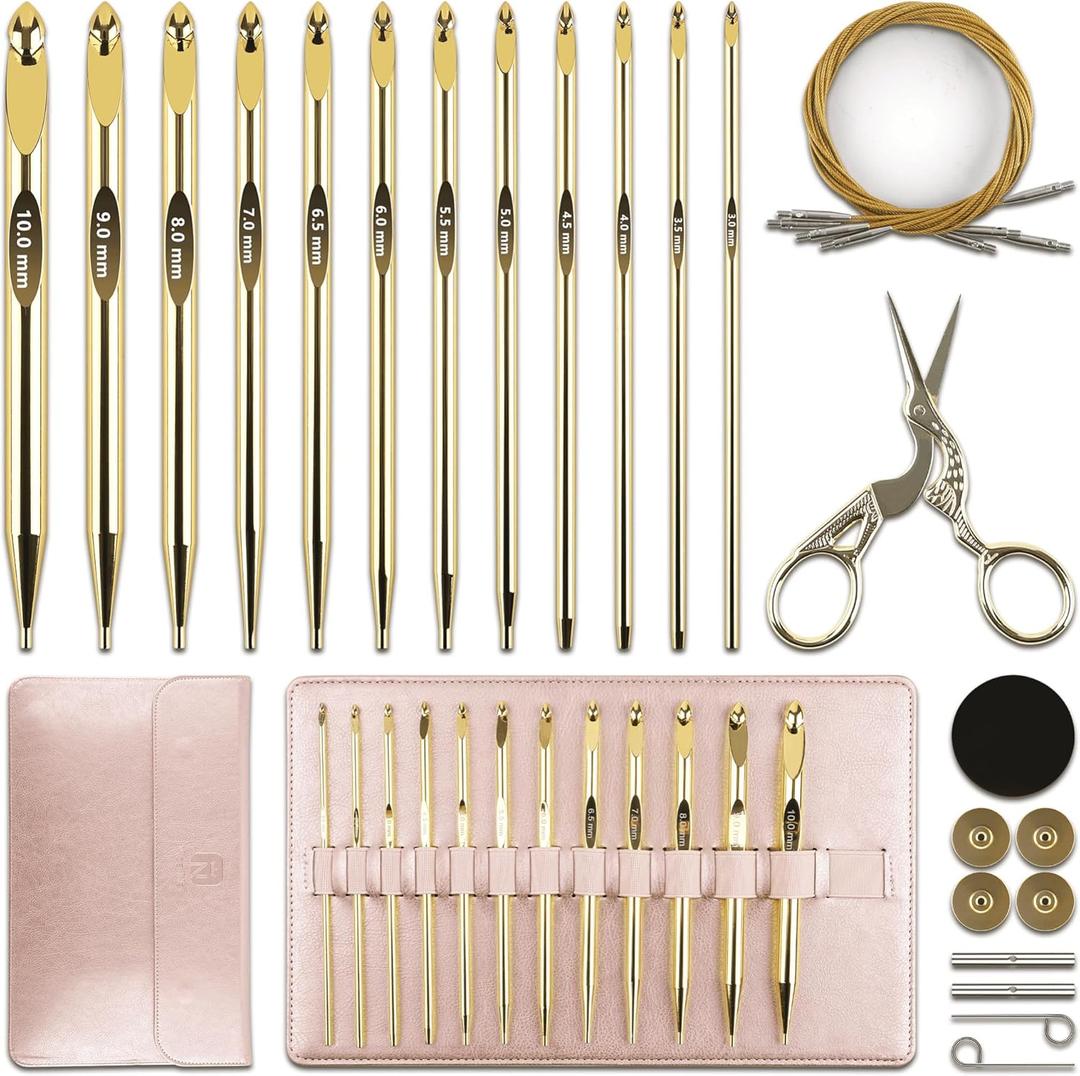 27Pc Gold Plated Tunisian Crochet Hooks Set 3mm-10mm, Interchangeable Aluminum Crochet Hook with Cable, Long Crochet Hooks for Tunisian Crochet, Versatile Crochet Hook Set for Craft Enthusiasts