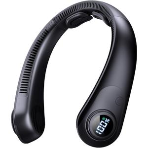 Portable Neck Fan that Blow Cold Air, LED Display, Rechargeable Hands-Free Wearable Cooling Personal Fan, 5 Speed, Neck Support, Bladeless Neck Air Conditioner, Gifts for Women/Men, Hot Flashes (Black)