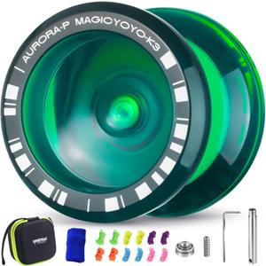 MAGICYOYO Crystal Yoyo K3 Aurora-p, Responsive Yo-yo for Kids 8-12, Pro Finger Spin Trick Yo yo for Advanced, with Unresponsive Bearing with 12 Strings + Square Storage Bag (Dark Green)