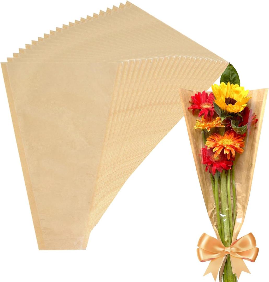 MYGOGOART 50 Pcs Flower Bouquet Wrapping Paper Flower Bags Sleeves for Bouquets Kraft Paper Floral Wrap Bags Flower Bouquet Supplies(9.4 x 17.7 x 3.5 inches)
