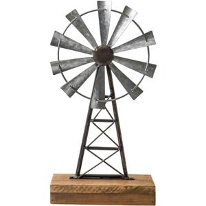 Vintage Farmhouse Windmill Tabletop Decor - Handcrafted Galvanized Metal & Wood Rustic Accent for Desk, Shelf, or Kitchen