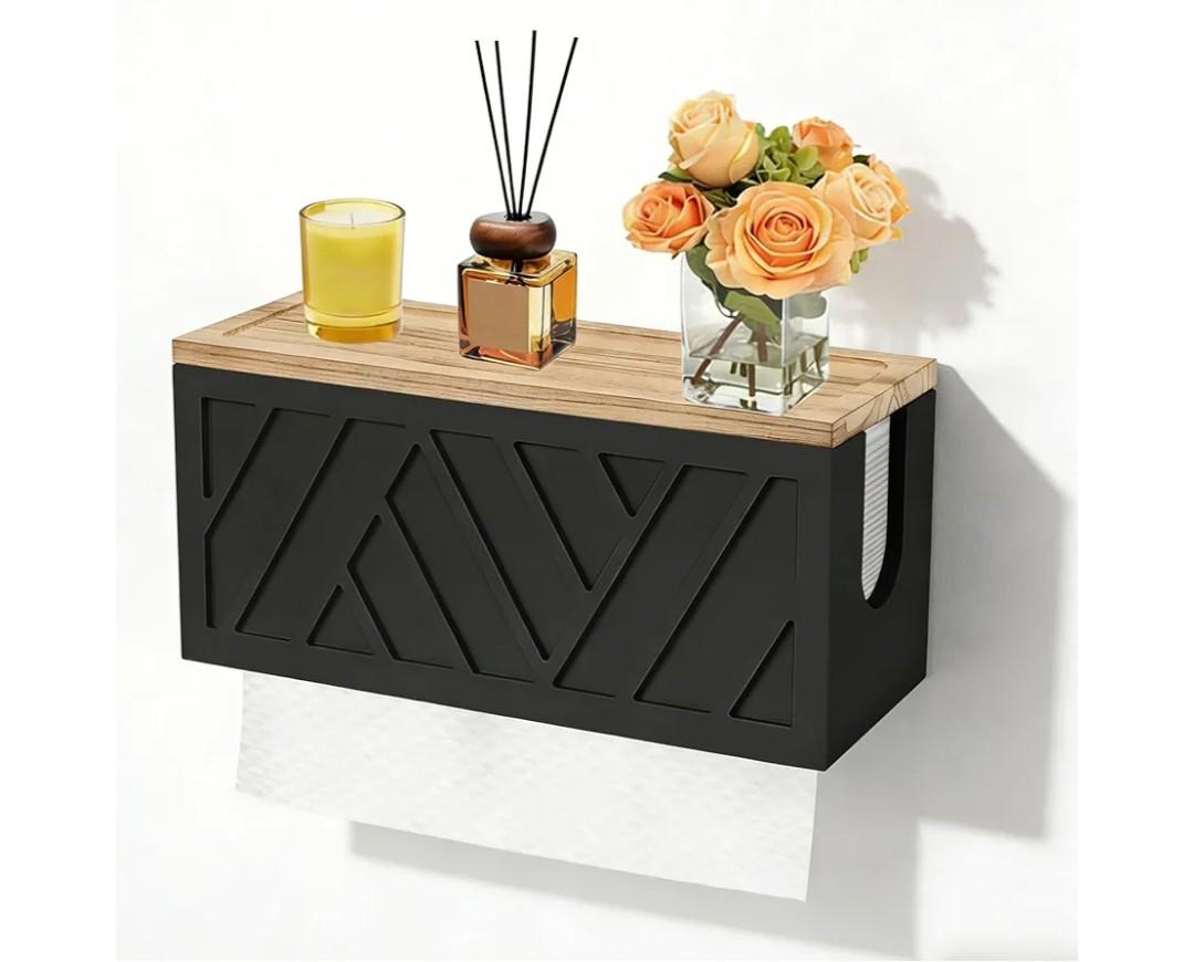 Qivine Paper Towel Dispenser Wall Mount, 2-in-1 Wooden Paper Towel Holder, Toilet Napkin Holder Dispenser with Lid Removable Top Tray for Bathroom Kitchen Decor Home and Commercial (Black)