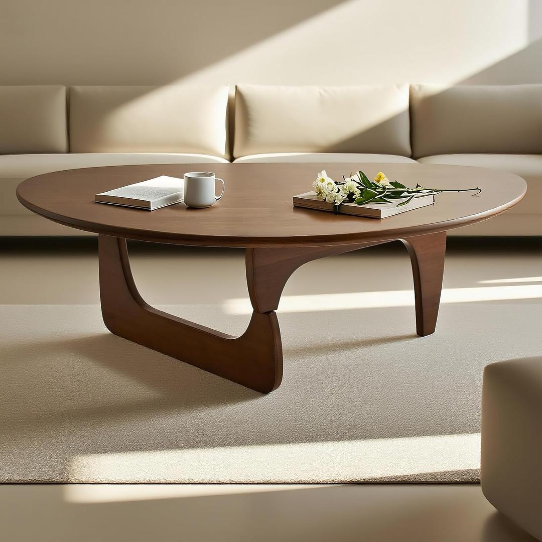 Modern Triangle Coffee Table: Unique Funky Soild Wood Coffee Tables for Living Room, Wooden Oval Mid-Century Modern Abstract Tea Tables for Patio Office Balcony Walnut 33" L x 22" W x 16" H
