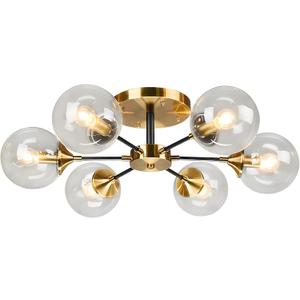 KCO Lighting Mid Century Modern Gold Ceiling Lighting Fixture 6-Light Black Metal Flush Mount Ceiling Lights Brushed Brass Clear Globe Bubble Ceiling Light Fixture Farmhouse Sputnik Chandelier, 26.8"W × 8.7"H