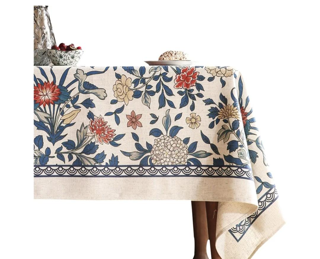 patdrea Designer Blue Small Tablecloth for Rectangle Table,Vintage Linen with Leaves and Floral Pattern Tablecloths,Farmhouse Decor Cover for Kitchen Dining Christmas,Thanksgiving,55"x71"-Ivar 