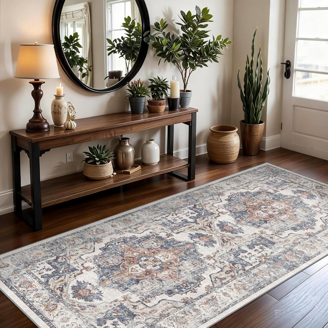 Washable 3x7 Hallway Runner Rug: Vintage 7ft Water-Resistant Soft Runner Rug for Entryway Kitchen Non-Slip Low Pile Carpet for Living Room Bedroom Thin Floor Mat for Bathroom Dining Room(3x7,Brick)