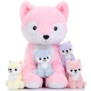 Muiteiur 5 Piece Fox Stuffed Animal Set, Soft Mommy Fox Plush Toy with 4 Cute Babies, Cute Stuffed Animal for Girls and Boys, Fun Gift for Kids, Pink 20inch