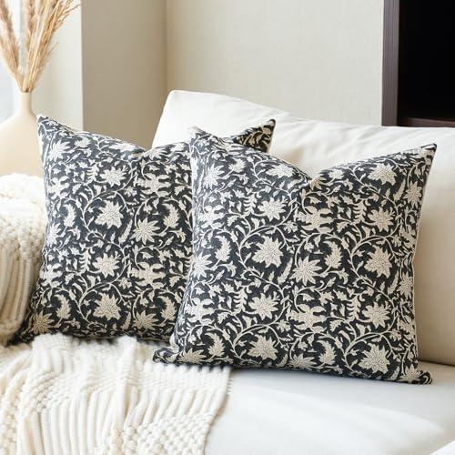 FIOUOVO Floral Throw Pillow Covers 20x20 Farmhouse Block Print Pillow Covers Decorative Pillow Covers Couch Pillows for Living Room Vintage Accent Sofa Pillows Set of 2, Black