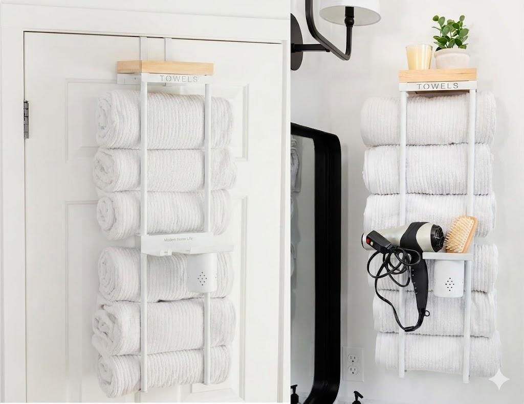 Over The Door/Wall Mounted Towel Rack - Modern Door & Wall Towel Holder for Rolled Towels with Hair Slot Dryer & Multipurpose Cup Holder - Hanging Towel Rack for Bathroom Holds 6 Large Towels - White