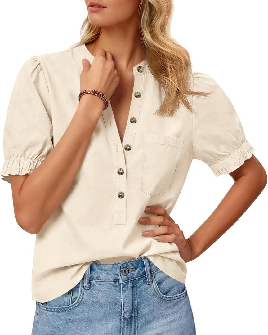 Cicy Bell Womens Puff Sleeve Tops Button Down Shirts Summer Casual Collared V Neck Cotton Blouse Beige XL