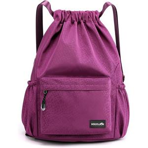 HOLYLUCK Drawstring Backpack Sports Gym Bag Water Resistant String Bag Cinch Sackpack with Side Zipper Pocket for Shopping Sport Yoga-purple