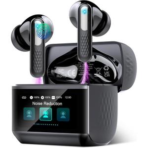 Wireless Earbuds with Touch Screen, Bluetooth 5.4 Headphones, ANC/ENC Noise Cancelling, 48H HiFi Stereo Bluetooth Ear Buds with 5 EQ Modes, Transparency Mode, IPX7 Earphones, Black